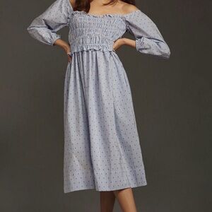 MAEVE Anthropologie Light Blue Vertical Stripe Smocked Long Sleeve Dress
